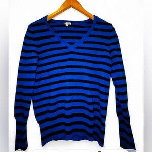 Halogen 100% Cashmere Blue & Black Striped V Neck Sweater XL Soft Chic Luxe Knit